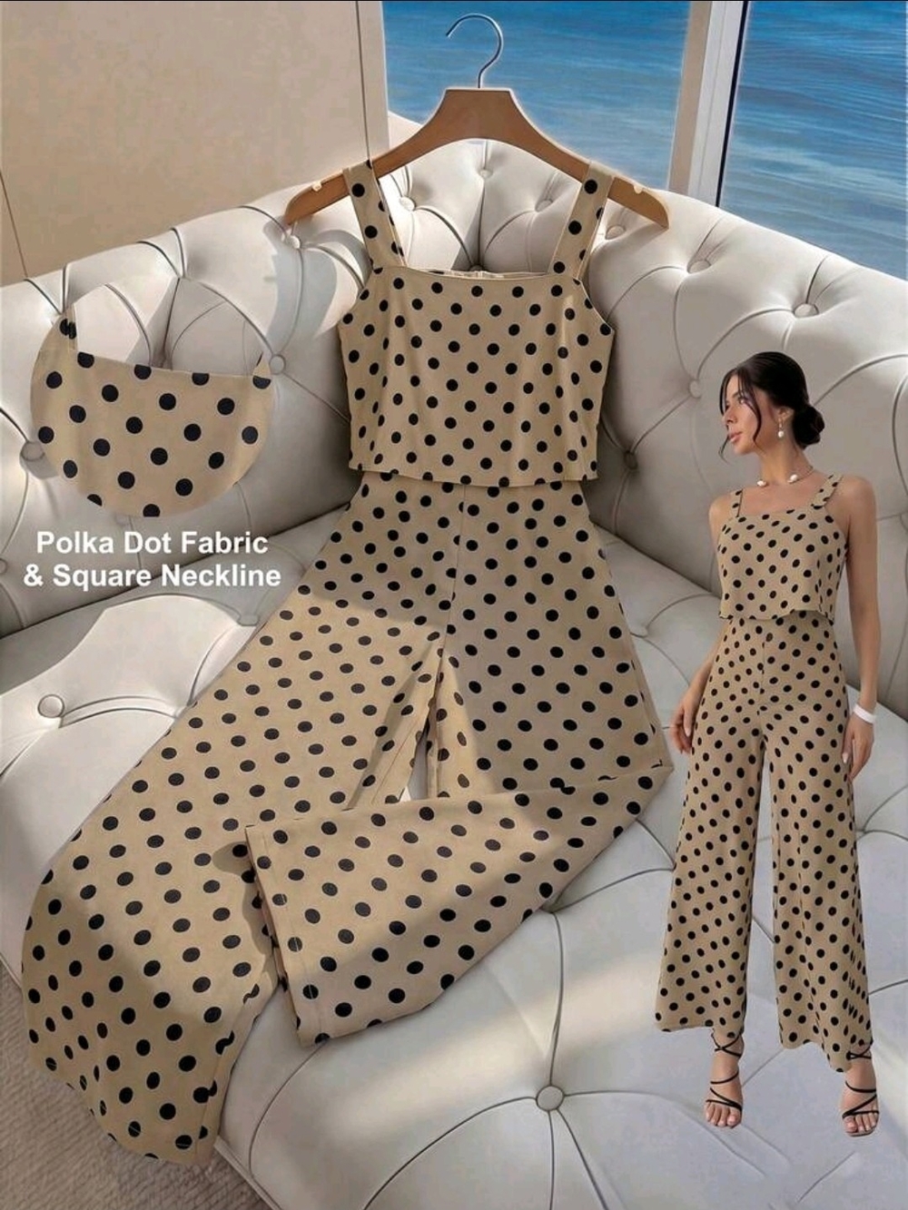SHEIN Beige Polka Dot Square Neck Wide-Leg Jumpsuit